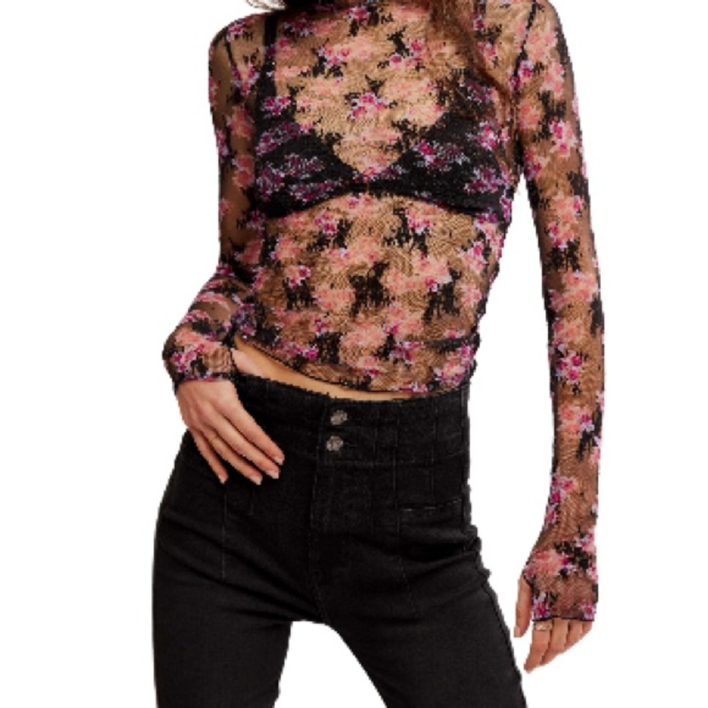 Free People Black and Pink Floral Mesh Blouse